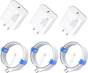 for iPhone 14 13 12 11 Charger Fast Charging [MFi Certified] 3-Pack 20W PD USB C Wall Charger Block with 6.6ft USB C to Lightning Cable Compatible with iPhone 14 Pro Max/Pro/Plus/Mini/iPad & More