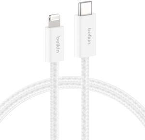 Braided USB-C Cable w/Lightning Connector (6.6ft) - Soft Flexible Fast-Charging Cable Lightning Charger Cord for iPhone 14 & Earlier Series iPad 9th Gen & AirPods - White (USB 2.0)