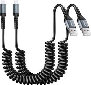 Coiled USB to Lightning Cable for Car 2-Pack 3FT [MFi Certified] Retractable iPhone Charger Cable Fast Charging CarPlay Cable for iPhone 14/13/12/11 Pro Max/XS MAX/XR/XS/iPad/iPod