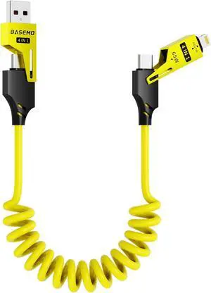4-in-1 Coiled USB-C to Lightning/Type-C 65W Fast Charging Cable Car Play & Android Auto Compatible Compact Design Multi-Device Charging for iPhone iPad  & More Yellow