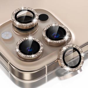 Compatible for iPhone 16 Pro/iPhone 16 Pro Max Camera Lens Protector Bling 9H Tempered Glass Camera Cover Screen Protector Metal Ring Decoration Accessories(Glitter-Titanium Desert)