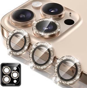 Camera Lens Protector for iPhone 16 Pro/16 Pro Max Glitter Bling Aluminum Alloy Metal Ring 9H Tempered Glass Camera Cover Screen Protector Accessories Anti-Scratch Case Friendly Rose Gold