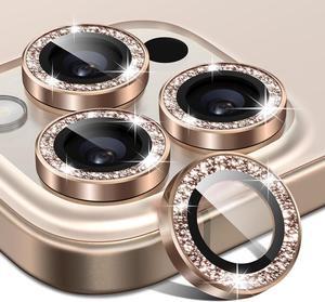 for iPhone 16 Pro/iPhone 16 Pro Max Camera Lens Protector Glitter Anti-Scratch Bling Ring Cover Cute Girly Individual Tempered Glass with Metal Edging for Women Desert Titanium Golden