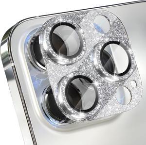 Compatible for iPhone 15 Pro/iPhone 15 Pro Max Camera Lens Protector Bling Camera Cover with 9H Tempered Glass Lens Screen Protector Metal Ring Decoration Accessories (Glitter-Silver)