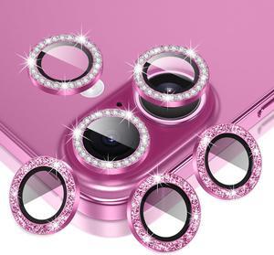 3+3 6 Pack for iPhone 16 6.1 / 16 Plus 6.7 Camera Lens Cover Protector Bling Diamond & Bling Glitter Metal Ring 9H Tempered HD Glass Camera Cover Protector Film Bling-Rose