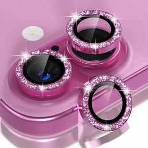 Compatible for iPhone 16 /iPhone 16 Plus Camera Lens Protector Bling 9H Tempered Glass Camera Cover Screen Protector Metal Ring Decoration Accessories(Glitter-Pink)