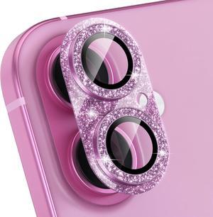 Compatible for iPhone 16 /iPhone 16 Plus Camera Lens Protector Bling Camera Cover with 9H Tempered Glass Lens Screen Protector Metal Ring Decoration Accessories (Glitter-Pink)
