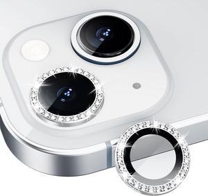 Bling Diamond Individual Camera Lens Protector for iPhone 13 / iPhone 13 Mini HD Clear Tempered Glass Camera Lens Screen Protection Cover Case Friendly Scratch Proof (Silver)