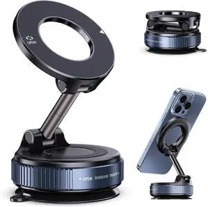 Vacuum Magnetic Suction Phone Holder Foldable and Retractable Hands-Free Suction Cup Phone Mount for Car/Gym/Mirror/Smooth Surface Compatible with iPhone Android and All Smartphones (Black)