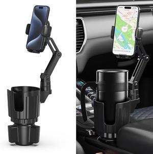 Cup Holder Phone Mount 2 in 1 Universal Cup Holder Expander Adjustable Base with Phone Mount Long Arm with 360Rotation Phone Cup Holder for Car Compatible with All Smartphones