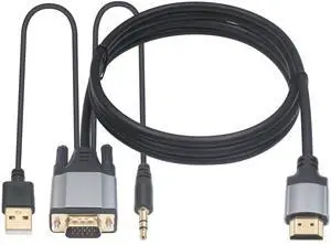 VGA to HDMI Adapter Cable 5FT/1.5M Gold Plated 1080P Active VGA Male to HDMI Male Analog Video Adapter Cable with Power and Audio Output Converter Cable