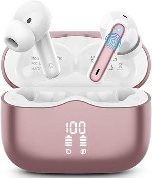 Wireless Earbuds Bluetooth 5.4 Headphones in Ear with 4 ENC Noise Cancelling Mic New Wireless Earphones HiFi Stereo Deep Bass 40H Playtime In-Ear Bluetooth Earbuds LED Display IP7 USB-C Rose Gold