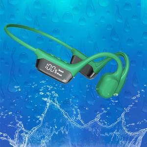Swimming Headphones Bone Conduction Open Ear Headset MP3 Player Built-in 32G Memory IP68 Underwater Waterproof Stereo Bluetooth Earphone LED Screen for Driving Bicycling Running Skiing-S10 Green
