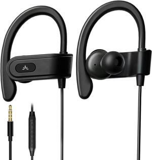 E171 - AUX 3.5mm Wired Earbuds with Microphone & in-Line Volume Control Compatible with Traditional 3.5mm AUX Phones Corded Headphones with Ear Hook for Running & Sports Black
