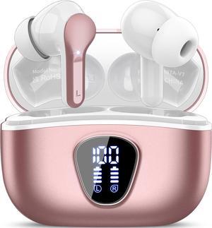 Wireless Earbuds Bluetooth 5.4 Headphones HiFi Stereo Bluetooth Earbuds with ENC Noise Cancelling Mic IP7 Waterproof in Ear Earphones 48H LED Display Ear buds for Pad Workout Sports Rose Gold