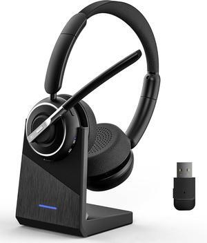 Wireless Headset Bluetooth Headset with AI Noise Cancelling Mic Bluetooth V5.2 Headphones with USB Dongle Charging Base & Mic Mute for PC/Cell Phones/Call Center (Binaural Black)
