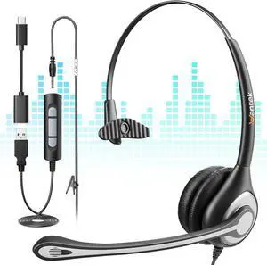 Computer Headset with Microphone for PC Laptop USB Headset with Noise Cancelling & Audio Controls Computer Headphones for Call Center Work Ofiice Mono
