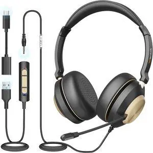 USB Headset with Microphone Type-c/USB/3.5mm Jack 3-in-1 PC Headset Wired & Noise Cancelling Headphone with Volume Control for Call Centers Skype Zoom Home Office 0nline Courses