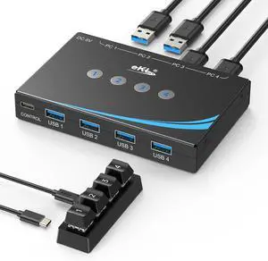 USB 3.0 Switch 4 Computers Sharing USB Peripherals 4 Port USB Switcher Sharing Mouse Keyboard Scanner Printer with 3.5mm Headset Jack Audio Out Includes 4 USB 3.0 Cables and Remote