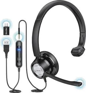 New Bee USB Headset with Noise Cancelling Mic Single Ear Headset for PC Call Center Skype Zoom Tablet Laptop