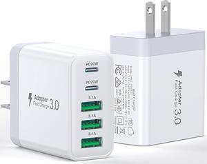 [2-Pack] USB C Wall Charger 50W Fast USB C Charger Block 5-Port PD Power Adapter + QC Wall Plug Multiport Type C Charging Block Cube Compatible with iPhone 16 15 14 13 12 11 Pro Max XR XS Tablets