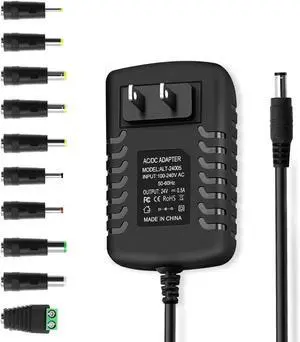 24V 0.5A 500mA DC Power Supply Adapter 24V AC Adapter 100-240V 50-60Hz to 24 Volt 0.5 Amp Power Supply Cord 4.9ft with 5.5mm x 2.5mm Barrel & 10 Tips