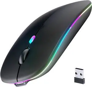 Wireless Bluetooth Mouse Rechargeable LED Silent Ultra-thin Design (Bluetooth 5.2 and 2.4GHz USB Receiver) | Portable Computer Mouse for Laptops iPads MacBooks and  Devices (Black)