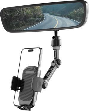 Rear View Mirror Phone Holder Universal Compatible with All Cell Phones Aluminum Alloy Mount with Multi-Angle Adjustment and Secure Fit
