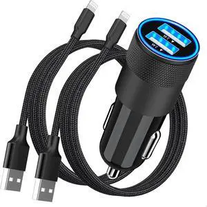 MFi CertifiediPhone Car Charger Fast Charging 4.8A Dual USB Smart Power Cigarette Lighter USB Car Charger with 2Pack Lightning Braided Cable for iPhone 14 13 12 11 Pro XS Mini XR X SE iPad