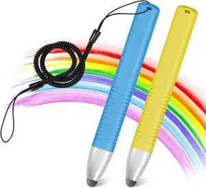 2pcs Kid-Friendly Stylus Pens for Touch Screens Tablet Stylus Pen with Spring Cord Universal Touch Screen Capacitive Crayon Stylus Blue Yellow