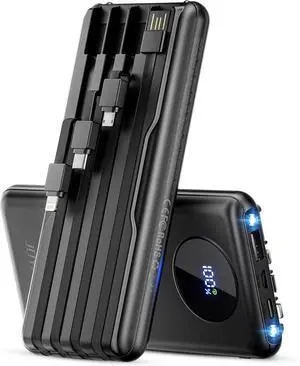 Portable-Charger-Power-Bank Travel Essentials Battery Pack USB C 10000mAh Built in Cable 22.5W Phone Fast Charging Powerbank Compatible with iPhone 16 15 14 13 12 11 iPad  Google (Black)