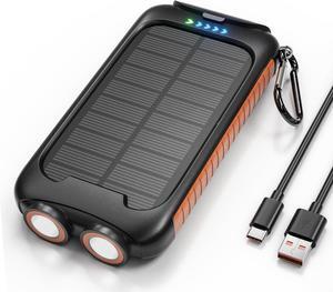 Solar Charger Power Bank 38800mAh Portable Phone Charger with 1 Type-C & 2 USB-A Ports Built-in Dual LED Flashlight 15W Fast Charging Waterproof Solar Panel Charger