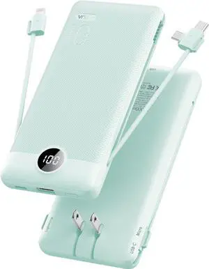 Portable Charger Built-in Cables and AC Wall Plug USB C Power Bank 10000mAh Travel Battery Portable Phone Charger Compact Lightweight External Battery Pack for Smart Phones Tablets etc-Green