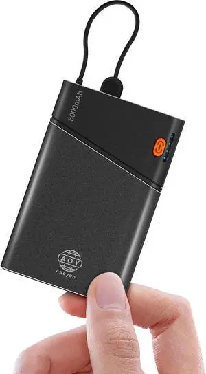 Power Bank Smallest 5000mAh Portable Charger with Built-in USB C in&Out Fast Charging Cable Compact Super Slim Mini Battery Pack for iPhone 16/15/14  S24 with Lanyard Black