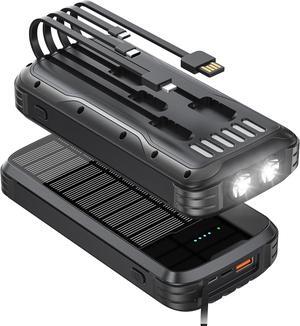 Solar-Power-Bank-Charger 40000mAh Portable Phone Charger Built in 4 Cables with USB C in/Output PD 20W Fast Charging External Batter External Battery Pack with Dual Bright Flashlights