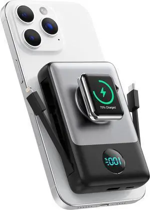 Magnetic Portable Charger 10800mAh for iPhone with Built-in Cables 6-in-1 Wireless Power Bank with iWatch Charger LCD Display 25W PD Fast Charging Battery Pack for iPhone 16/15/14/13/12  Watch