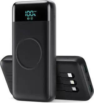Wireless Portable Charger 40800mAh with 3 Built-in Cables 7-in-1 15W Wireless Charging Power Bank 25W PD QC 4.0 Fast Charging USB C LCD Display Battery Pack for iPhone 16/15/13/12  Android etc