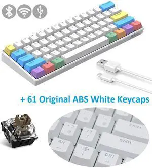 Royal Kludge RK61 2.4Ghz Wireless / Bluetooth 5.1 / USB Wired 60% White Backlit Mechanical Gaming Keyboard - 61 Keys Ultra-Compact - PBT Keycap - Brown Switch