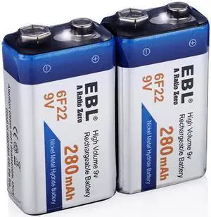 EBL 2 Pack 6F22 9V 280mAh Ni-MH Rechargeable Batteries