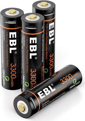 EBL 4 Pcs 3300mWh 1.5v AA Lithium Rechargeable Batteries Li-ion Battery With Micro USB Cable