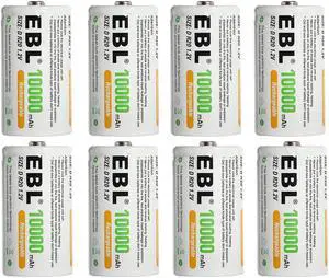 EBL 8 Pack D Size 10,000mAh High Capacity Ni-MH Rechargeable Batteries
