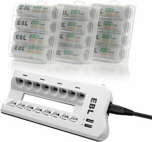 EBL 2300mAh AA Rechargeable Batteries for Digital Cameras, Toys, Remote Controls and More + Battery Charger for AA/AAA NiMH Batteries 12-pack