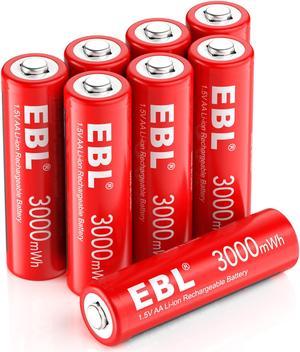 EBL 8Pcs AA Lithium Batteries, 1.5V 3000mWh Rechargeable AA Batteries Long Lasting Double A Batteries
