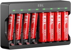 EBL Rechargeable Lithium AA Batteries 3000mWh 4 Count and AAA Lithium ion Batteries 1200mWh 4 Count with 8 Bay Smart Battery Charger for Lithium Rechargeable Batteries