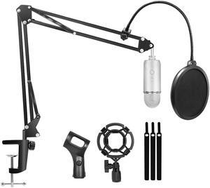 Desktop Microphone Arm Boom Stand for Blue Yeti Snowball Ice Suspension Boom Scissor with Mic Filter, Mic Clip, Shock Mount, Adjustable Mic Boom Scissor Arm Stands, Radio Broadcasting and Recording