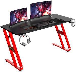 Ergonomic 55Inch Gaming Desk - 55" Z Shaped Home Office PC Computer Gaming Table with Cup Holder Headphone Hook & 2 Cable Management Holes