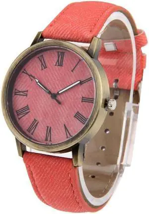 Denim Texture Style Round Dial Retro Digital Display Women & Men Quartz Watch with PU Leather Band (Brown)
