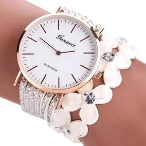 Women Round Dial Flower Diamond Studs Bracelet Watch (White)