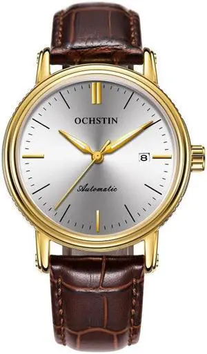 Ochstin 2024 Automatic Mechanical Watch Men Waterproof Calendar Leather Business Mechanical Men Watch(Golden Black) (Coffee)