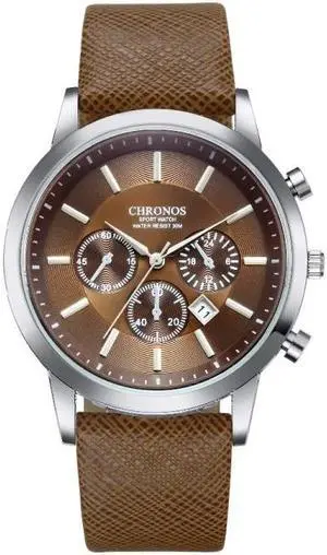 CHRONOS CH0401 Three-eye Six-needle Leather Belt Sports Watch for Men (Coffee)